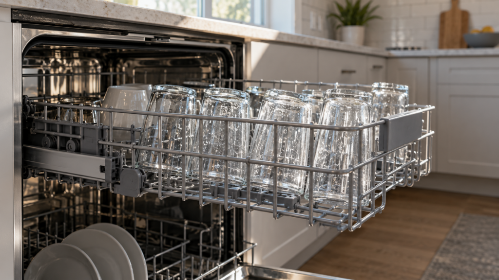 A row of drinking glasses on a dishwasher rack showing faint water spots in raking light.