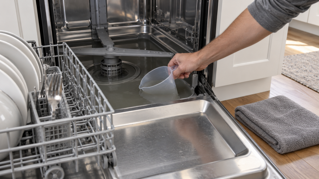 A bare hand dips a measuring cup into standing water in the sump of an open dishwasher.